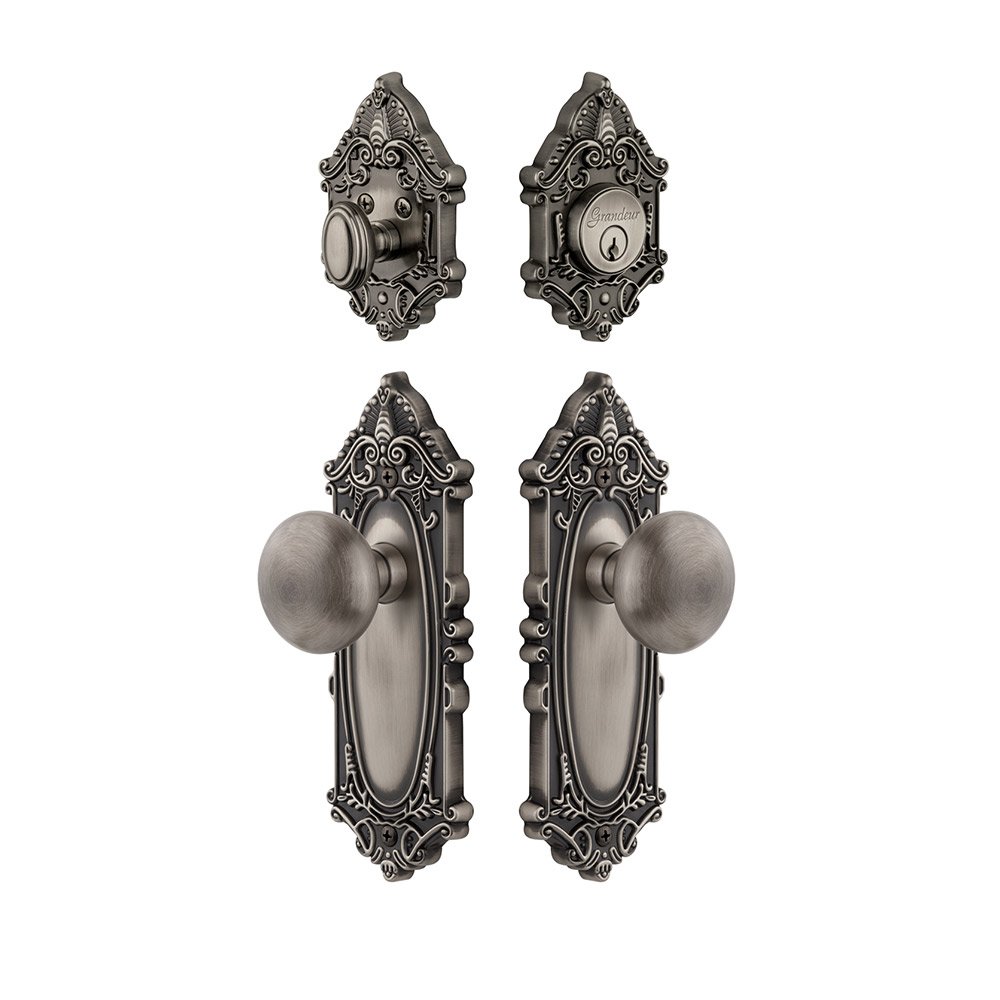 Handleset - Grande Victorian Plate With Fifth Avenue Knob & Matching Deadbolt In Antique Pewter