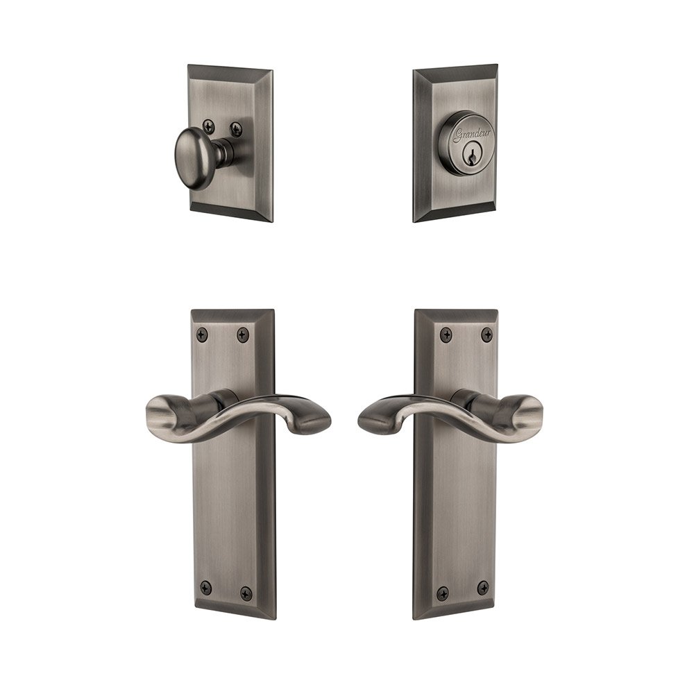 Fifth Avenue Plate With Portfino Lever & Matching Deadbolt In Antique Pewter