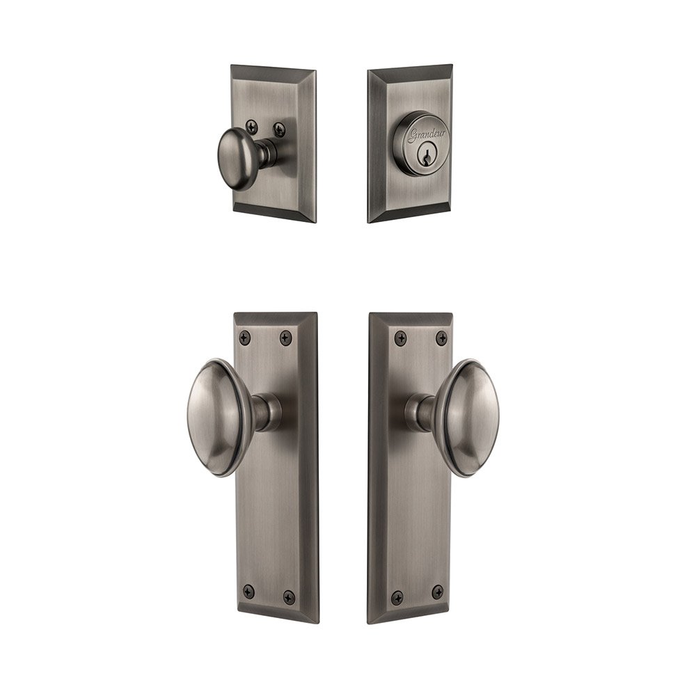 Fifth Avenue Plate With Eden Prairie Knob & Matching Deadbolt In Antique Pewter