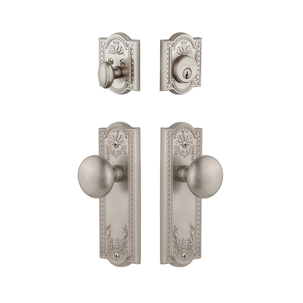 Parthenon Plate With Fifth Avenue Knob & Matching Deadbolt In Satin Nickel
