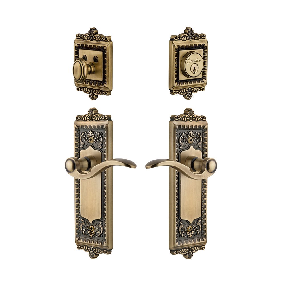Windsor Plate With Bellagio Lever & Matching Deadbolt In Vintage Brass