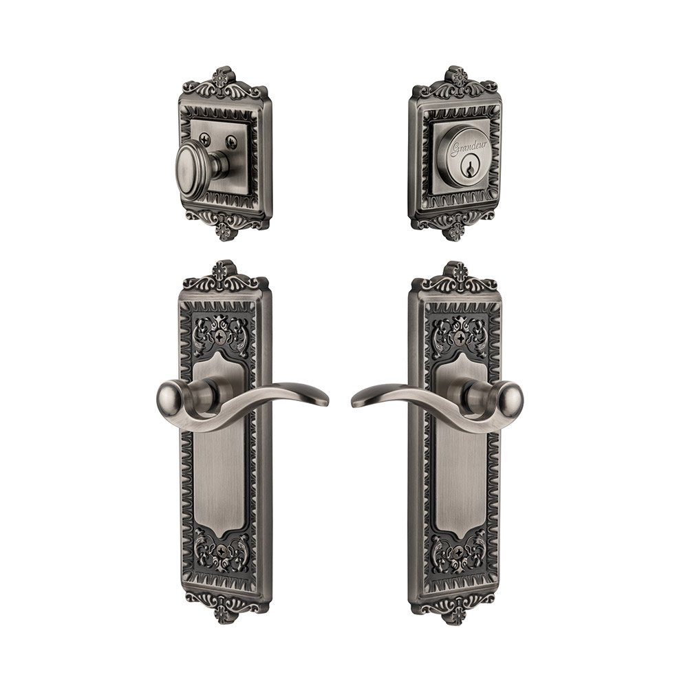 Windsor Plate With Bellagio Lever & Matching Deadbolt In Antique Pewter