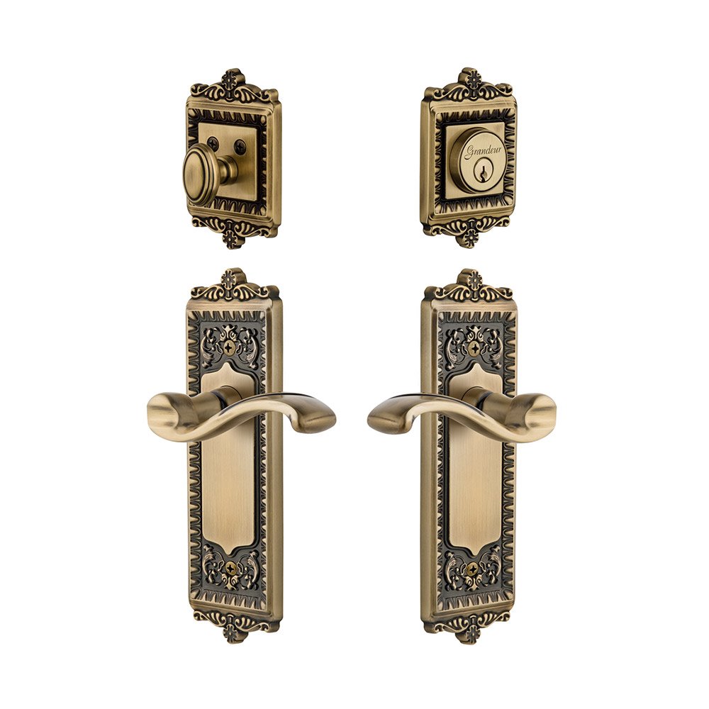 Windsor Plate With Portfino Lever & Matching Deadbolt In Vintage Brass