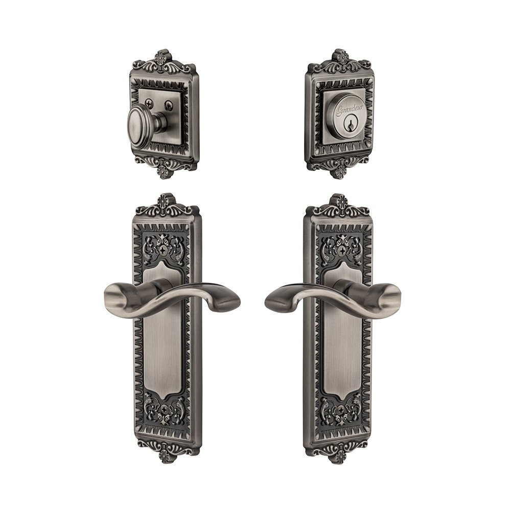 Windsor Plate With Portfino Lever & Matching Deadbolt In Antique Pewter
