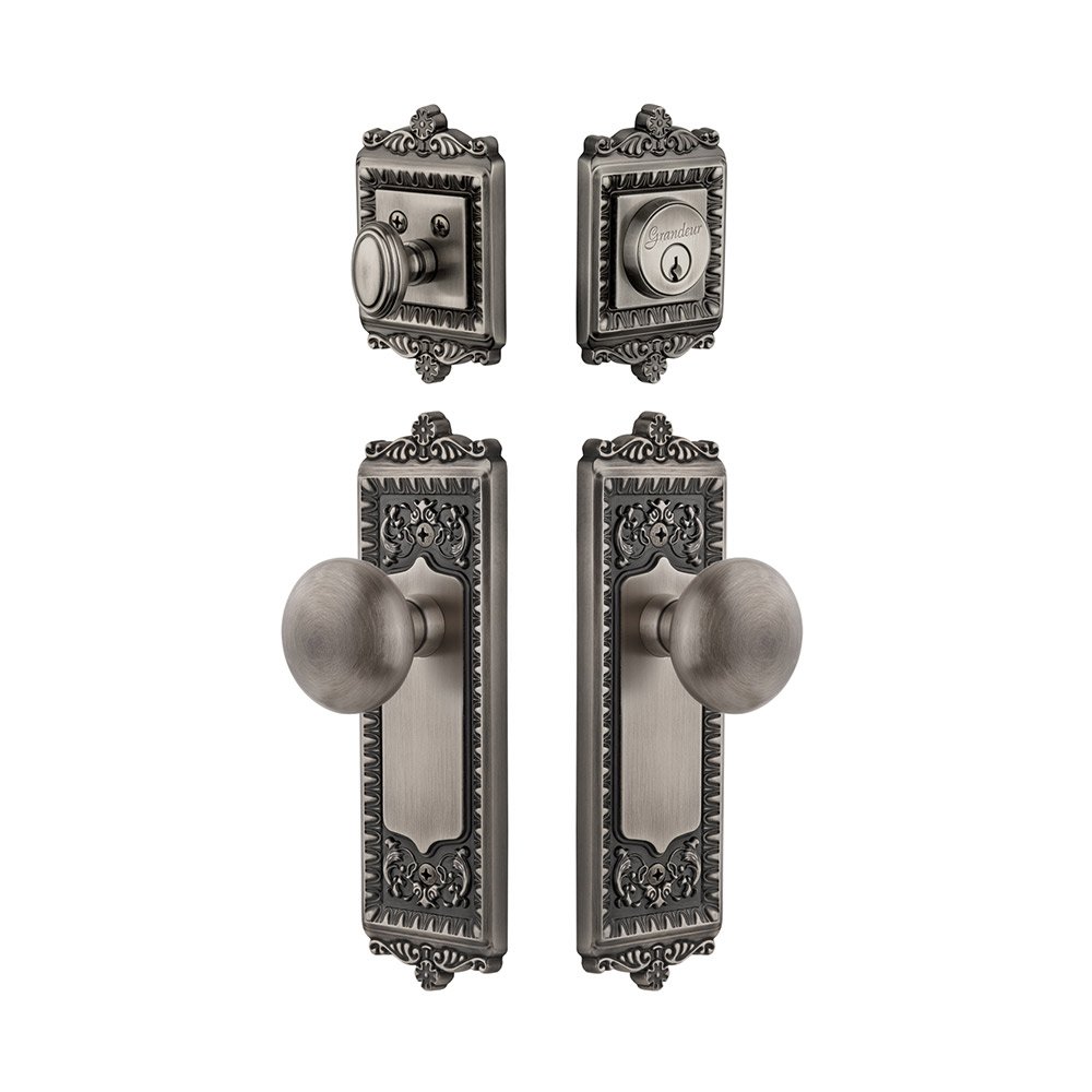 Windsor Plate With Fifth Avenue Knob & Matching Deadbolt In Antique Pewter
