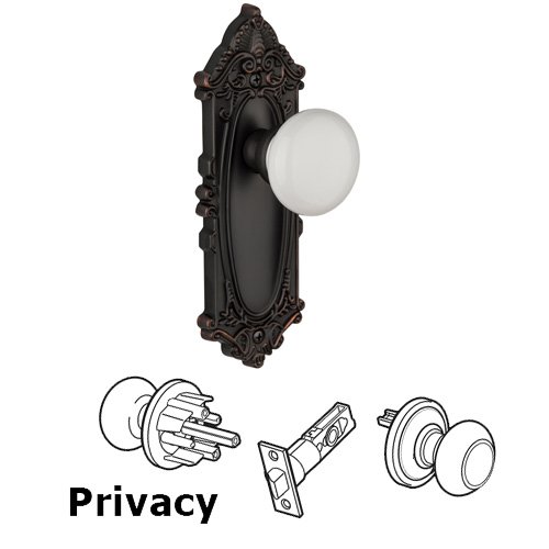Privacy Knob - Grande Victorian Plate with Hyde Park White Porcelain Knob in Timeless Bronze