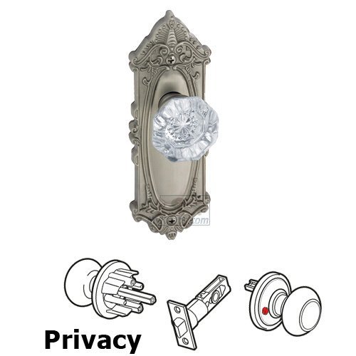 Privacy Knob - Grande Victorian Plate with Chambord Crystal Door Knob in Satin Nickel
