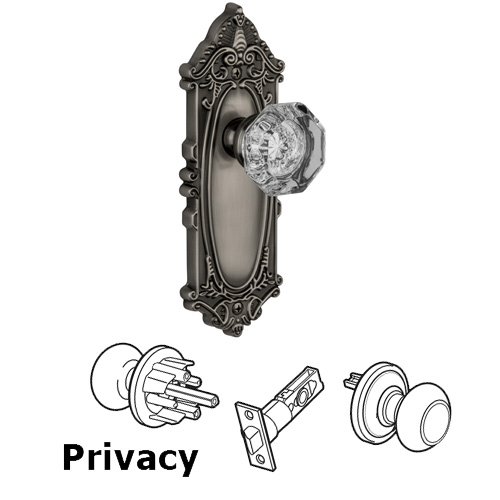 Privacy Knob - Grande Victorian Plate with Chambord Crystal Door Knob in Antique Pewter