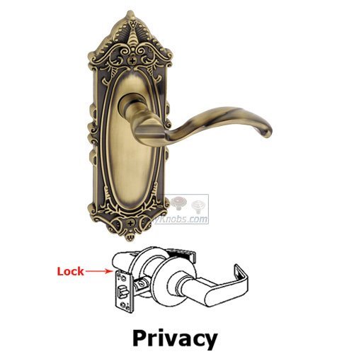 Privacy Lever - Grande Victorian Plate with Portofino Door Lever in Vintage Brass