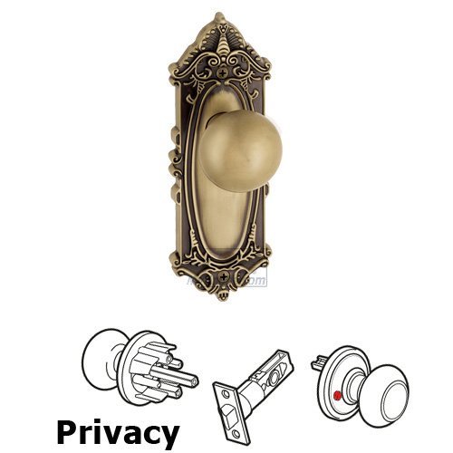 Privacy Knob - Grande Victorian Plate with Fifth Avenue Door Knob in Vintage Brass