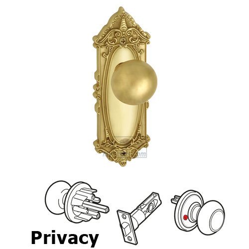 Privacy Knob - Grande Victorian Plate with Fifth Avenue Door Knob in Polished Brass