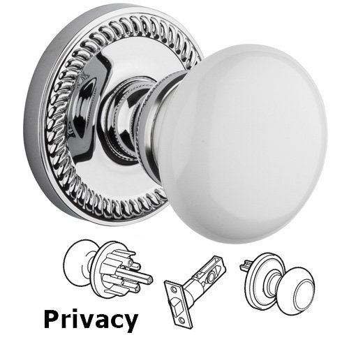 Privacy Knob - Newport Rosette with Hyde Park White Porcelain Knob in Bright Chrome