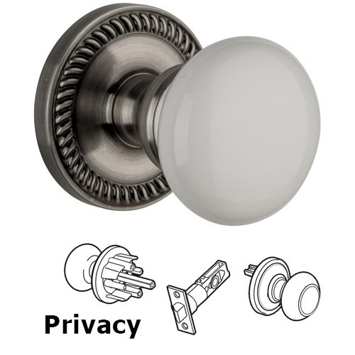 Privacy Knob - Newport Rosette with Hyde Park White Porcelain Knob in Antique Pewter
