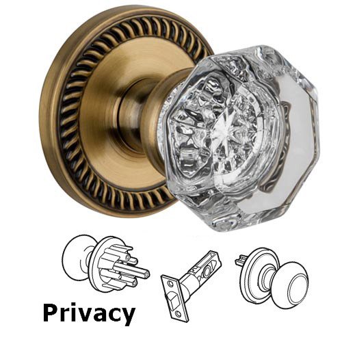 Privacy Knob - Newport Rosette with Chambord Crystal Door Knob in Vintage Brass
