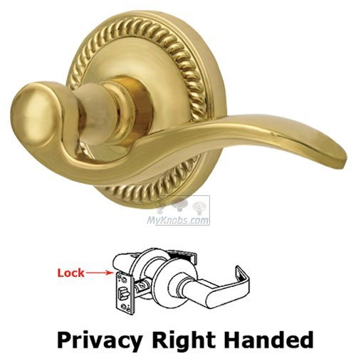 Right Handed Privacy Lever - Newport Rosette with Bellagio Door Lever in Polished Brass