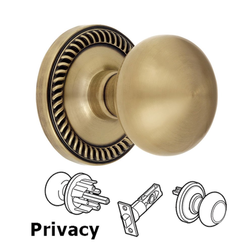 Privacy Knob - Newport Rosette with Fifth Avenue Door Knob in Vintage Brass