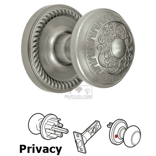 Privacy Knob - Newport Rosette with Windsor Door Knob in Satin Nickel