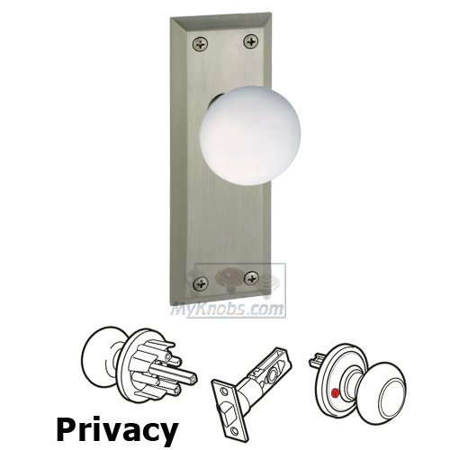 Privacy Knob - Fifth Avenue Plate with Hyde Park White Porcelain Knob in Satin Nickel
