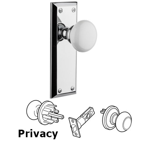 Privacy Knob - Fifth Avenue Plate with Hyde Park White Porcelain Knob in Bright Chrome