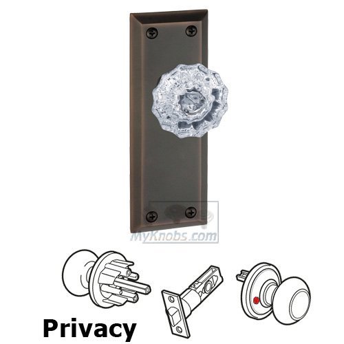 Privacy Knob - Fifth Avenue Plate with Fontainebleau Crystal Door Knob in Timeless Bronze