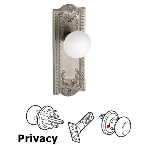 Privacy Knob - Parthenon Plate with Hyde Park White Porcelain Knob in Satin Nickel