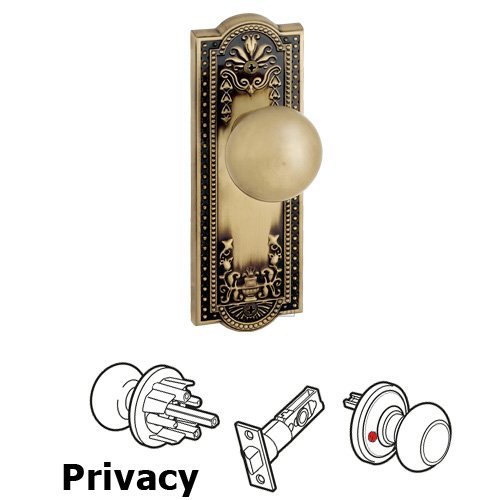 Privacy Knob - Parthenon Plate with Fifth Avenue Door Knob in Vintage Brass