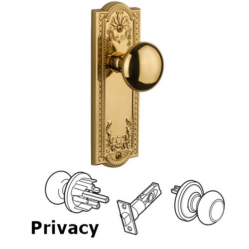 Privacy Knob - Parthenon Plate with Fifth Avenue Door Knob in Polished Brass