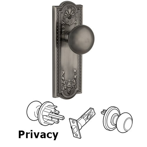 Privacy Knob - Parthenon Plate with Fifth Avenue Door Knob in Antique Pewter