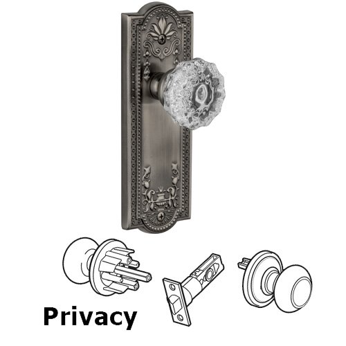 Privacy Knob - Parthenon Plate with Fontainebleau Crystal Door Knob in Antique Pewter