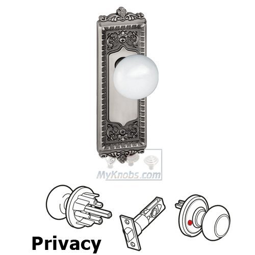 Privacy Knob - Windsor Plate with Hyde Park White Porcelain Knob in Antique Pewter