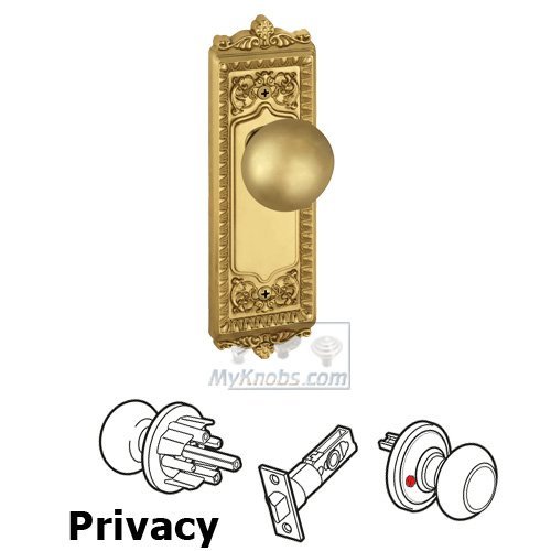 Privacy Knob - Windsor Plate with Fifth Avenue Door Knob in Polished Brass