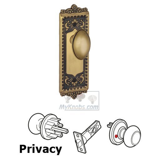 Privacy Knob - Windsor Plate with Eden Prairie Door Knob in Vintage Brass