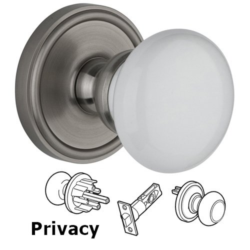 Privacy Knob - Georgetown Rosette with Hyde Park White Porcelain Knob in Satin Nickel