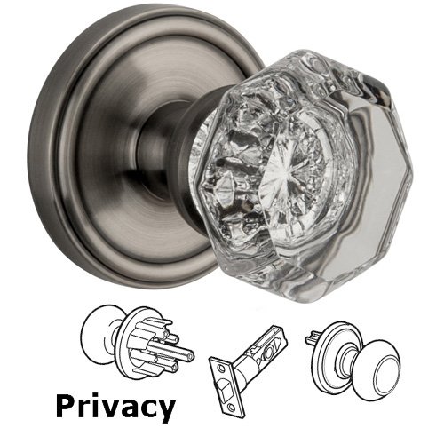 Privacy Knob - Georgetown Rosette with Chambord Crystal Door Knob in Antique Pewter