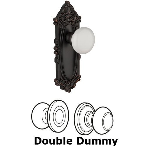 Double Dummy Knob - Grande Victorian Plate with Hyde Park White Porcelain Knob in Timeless Bronze