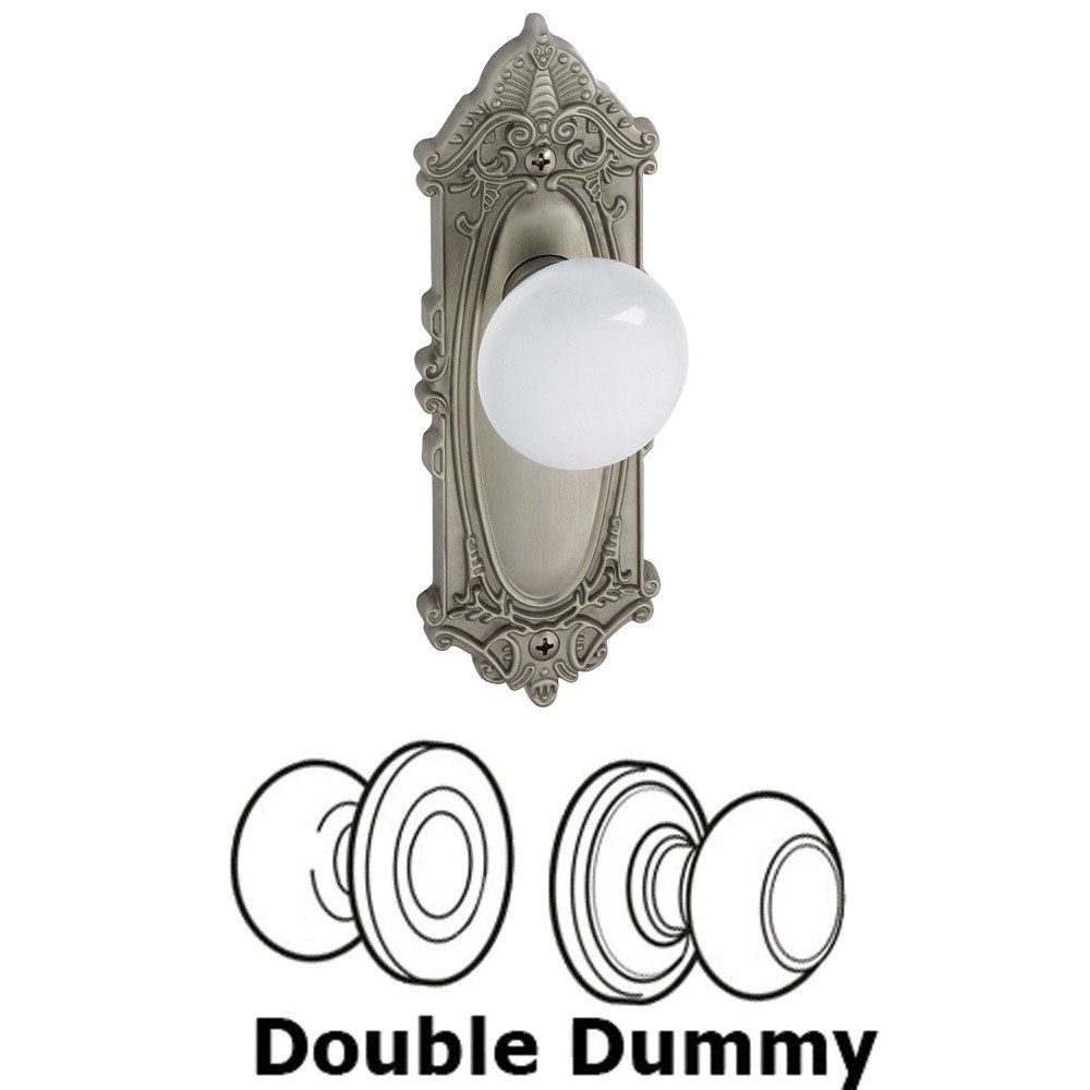 Double Dummy Knob - Grande Victorian Rosette with Hyde Park White Porcelain Knob in Satin Nickel