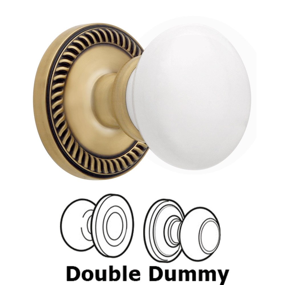 Double Dummy Knob - Newport Rosette with Hyde Park White Porcelain Knob in Vintage Brass