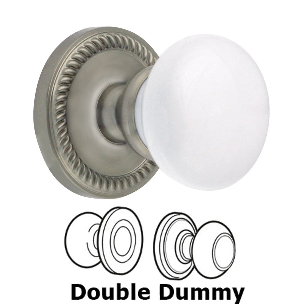 Double Dummy Knob - Newport Rosette with Hyde Park White Porcelain Knob in Satin Nickel