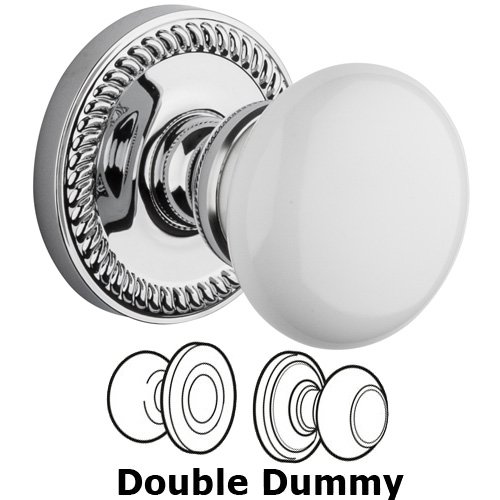 Double Dummy Knob - Newport Rosette with Hyde Park White Porcelain Knob in Bright Chrome