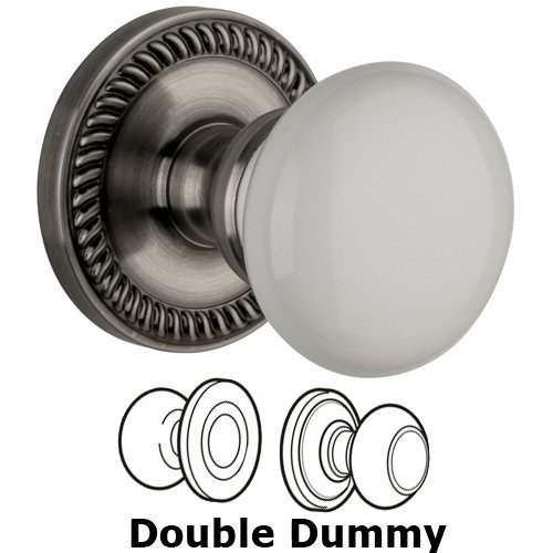 Double Dummy Knob - Newport Rosette with Hyde Park White Porcelain Knob in Antique Pewter