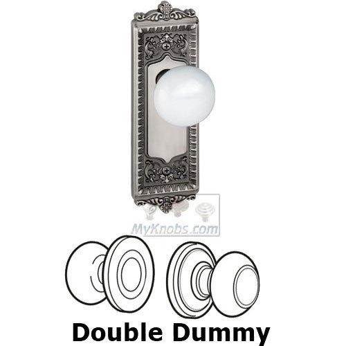 Double Dummy Knob - Windsor Plate with Hyde Park White Porcelain Knob in Antique Pewter