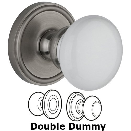 Double Dummy Knob - Georgetown Rosette with Hyde Park White Porcelain Knob in Satin Nickel