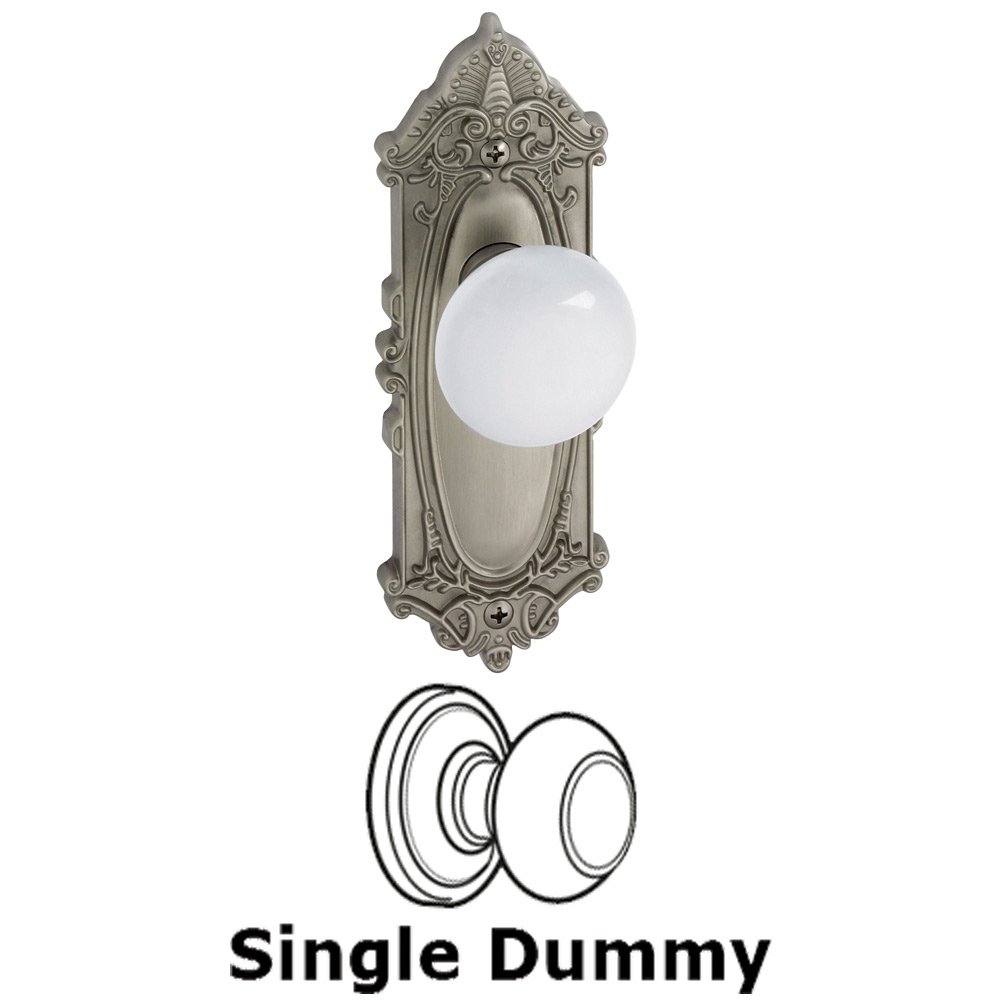 Single Dummy Knob - Grande Victorian Rosette with Hyde Park White Porcelain Knob in Satin Nickel