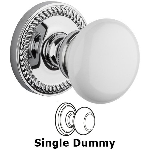 Single Dummy Knob - Newport Rosette with Hyde Park White Porcelain Knob in Bright Chrome