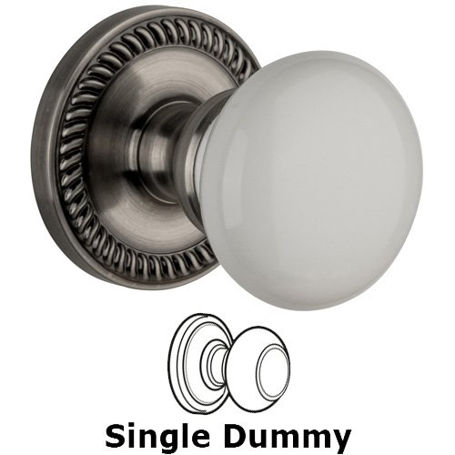 Single Dummy Knob - Newport Rosette with Hyde Park White Porcelain Knob in Antique Pewter