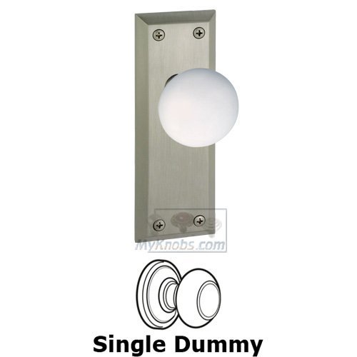 Single Dummy Knob - Fifth Avenue Plate with Hyde Park White Porcelain Knob in Satin Nickel