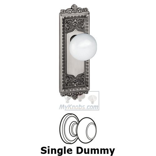 Single Dummy Knob - Windsor Plate with Hyde Park White Porcelain Knob in Antique Pewter