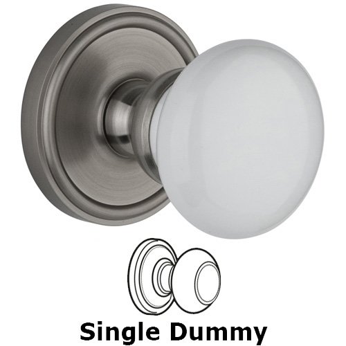 Single Dummy Knob - Georgetown Rosette with Hyde Park White Porcelain Knob in Satin Nickel