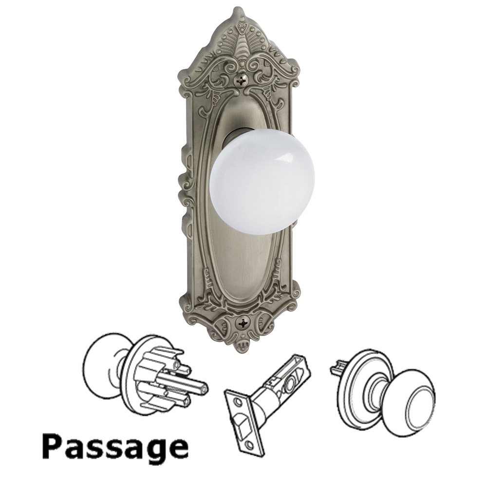 Passage Knob - Grande Victorian Rosette with Hyde Park White Porcelain Knob in Satin Nickel