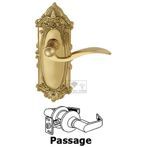 Passage Lever - Grande Victorian Plate with Bellagio Door Lever in Polished Brass
